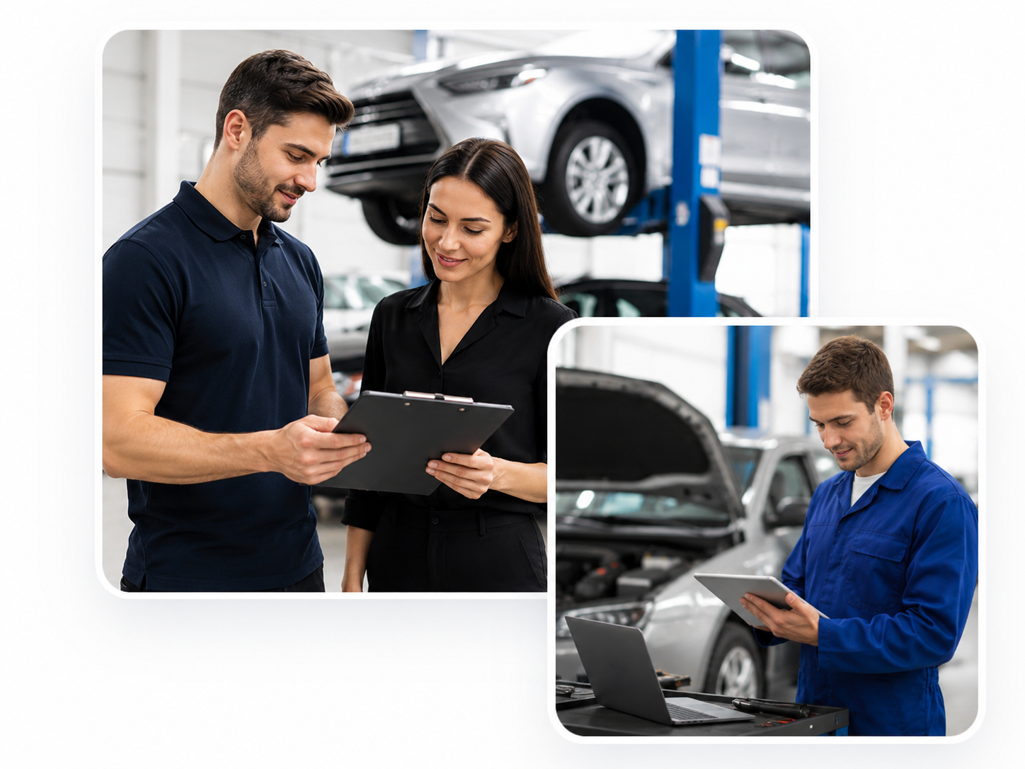 Asesor de Grupo Roldán explicando una cotización a un cliente y técnico revisando un vehículo